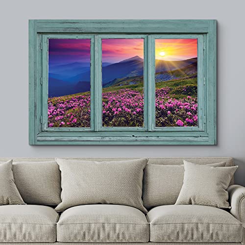 wall26 Canvas Print Wall Art Orange Sunset Over Pink Daisy Field Mountain Nature Wilderness Photography Realism Rustic Landscape Colorful Multicolor Vibrant for Living Room, Bedroom, Office - 12"x18" - color: A Colorful Sunset, size: 18"L x 12"W