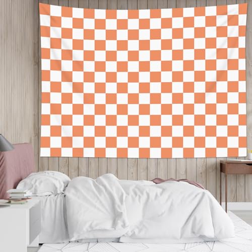 HVEST Vintage Checkered Tapestry Wall Hanging Orange Checkered Plaid Pattern Tapestries Modern Minimalist Tapestry for Bedroom Aesthetic Living Room Dorm, 51L x 59W Inches - color: Orange, size: 51"L x 59"W