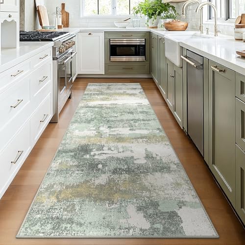 BEIMO Runner Rug for Hallway Kitchen, 3x8 Machine Washable Runners Rug for Entryway, Soft Modern Abstract Throw Rugs, Low Pile Floor Cover with Non Slip Backing, Light Green - color: Light Green/Cream, size: 3' x 8' (Rectangular)