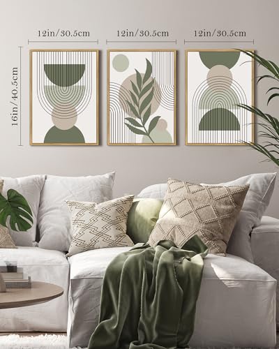 Drsoum 12x16in Boho Wall Art Green Sage Decor Framed Wood Modern Bohemian Abstract Geometry Canvas Prints Ready to Hang - color: green boho decor, Natural Framed, size: 12" x 16"