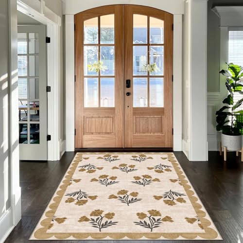 4x6 Covered Outdoor Patio Rug - Beige Washable Front Porch Entry Rug Non-Slip Door Mat Indoor Outside Entrance Floral Scalloped Area Rugs for Living Room Entryway Foyer Backyard Porch Decor - color: Flower - Beige, size: 4' x 6' (Rectangular)