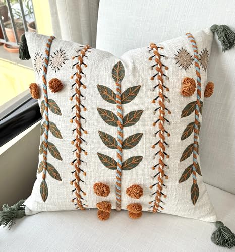 Burnt Orange Hand Embroidered 20x20 Throw Pillow Cover - Ivory Botanical Cushion Cover for Sofa Couch Living Room - Folk Boho Farmhouse Decor - Saloni - color: Burnt Orange-saloni, size: 20" x 20" (Pack of 1)