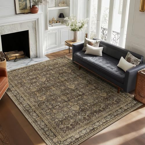Washable 5x7 Area Rugs for Living Room, Boho Non-Slip Vintage Rugs for Bedroom Dining Room Nursery Office, 0.3" Neutral Oriental Throw Thin Carpet with Cushioning, Red/Brown/Multi, C4 - color: Deep Brown/Multi, size: 5' x 7' (Rectangular)