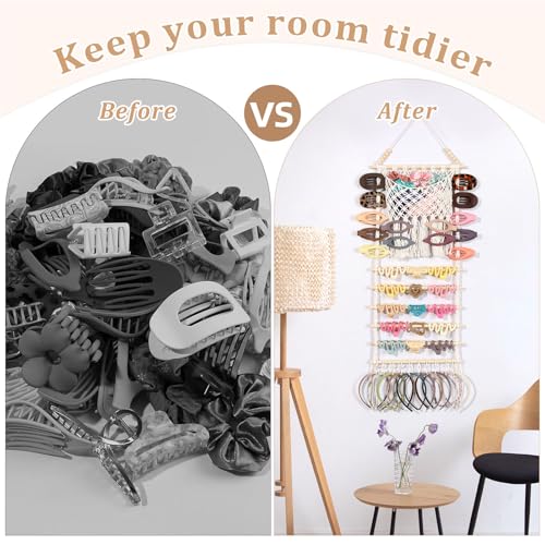 SNOWSTAR Macrame Hair Claw Clip Organizer,Large Capacity Mesh Bag Scrunchies Holder and Hair Ties Organizer for Women Girls,Hair Accessorie Hanging Storage Home Decor Wall,Door - color: Wood
