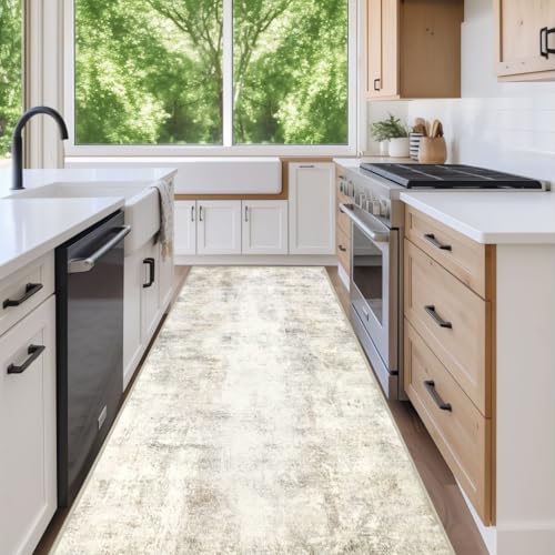 Capslpad 2.6x7 Light Beige Abstract Hallway Runner, Ultra Soft Fabric Washable Runner Rug, Non-Slip Rubber Backing, Stain Resistant Low Pile Runners for Hallways, Kitchen, Entryway, Bedroom, Laundry - color: Beige, size: 2'6" x 8' (Runner)