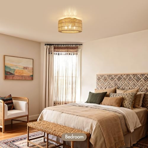 Boho Light Ceiling Fixture Flush Mount Rattan Woven Basket Chandelier for Bedroom Living Room Dining Kitchen, Modern Gold Wicker Lamp for Hallway Entryway Coastal Farmhouse