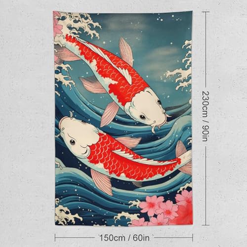 QEOPGNE Large Wall Tapestry Koi Fish Japanese Great Waves Cherry Blossom Retro Flags Tapestry for Room Living Room Wall Decor Large Wall Art Tapestries 60"x90" - color: Style, size: 90L" x 60W"