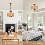 15.7'' Hand Woven Rattan Chandelier, 4-Light Boho Chandelier Rattan Pendant Light Fixture, Wicker Farmhouse Chandeliers for Dining Room Bedroom Living Room Foyer