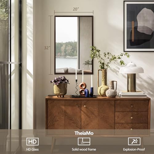 Walnut Wood Bathroom Mirrors for Wall Mounted, 32" x 20" Rectangle Rustic Wood Framed Wall Mirror, Decorative Farmhouse Mirror for Bathroom, Bedroom, Entryway, Horizontally/Vertically - color: Walnut, size: 32"L x 20"W