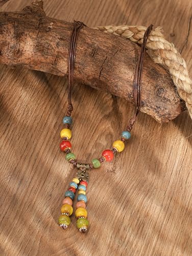 MINACHI Vintage Bohemian Colorful Ceramic Bead Antique Flower Y Necklace, Vintage Boho Hippie Statement Jewelry Gift for Women - color: S03