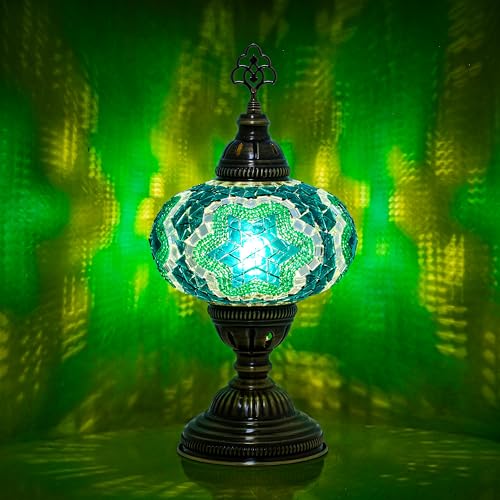 Turkish Mosaic Table Lamp with Bulb – Handmade Turquoise-Teal Stained Glass Light, Vintage Bohemian Bedroom & Living Room Decor, E12 Socket & US Plug - color: Turquoise Teal