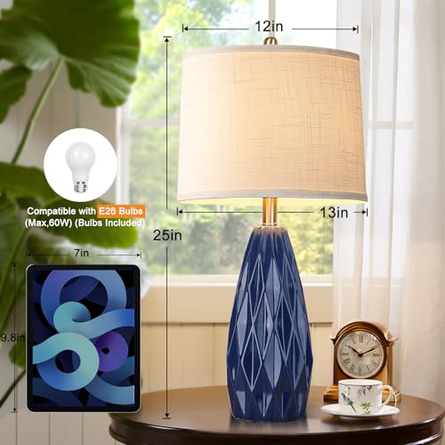 25'' Table Lamp Navy Blue Table Lamps Modern Ceramic Lamps for Night Stand - Dimmable Bedside Lamps for Nightstand, Bedroom Lamp for Living Room Desk End Table Office Guest Room - color: Navy Blue