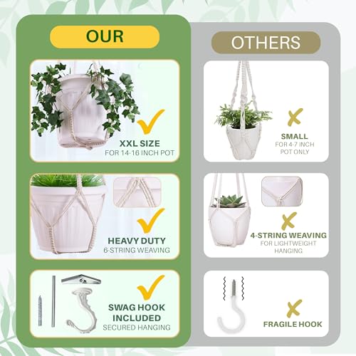 Giant XXL 55 Inches Macrame Planter Hanger Large for 15 inch Pot + Swag Hook | Extra Large Hanging Planter for Indoor Plants | No Pot/Plant Included (XXL) - color: Beige
