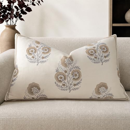 Vintage Floral 12x20 Lumbar Pillow Cover Pack of 1, Double-Sided Botanical Print Decorative Throw Pillow Cover Farmhouse Neutral Cushion Cover for Sofa Couch Living Bed Room, Light Brown(Cover Only) - color: Light Brown, size: 20" x 12" (Pack of 1)