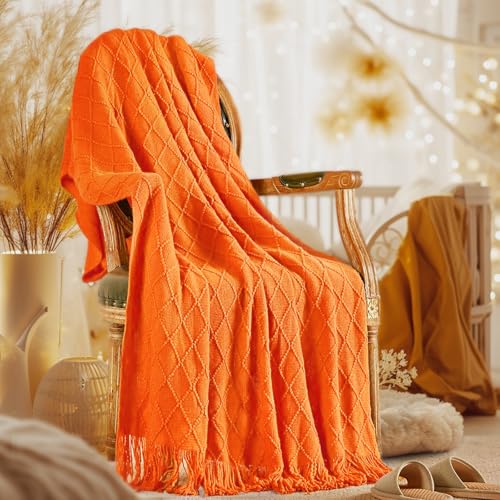 inhand Fall Throw Blanket Burnt Orange for Couch, Soft Living Room Home Decor Knitted Twin Size Blanket, Outdoor Lightweight Breathable Summer Blanket, Farmhouse Warm Woven Decorative, 60"x80" - color: Burnt Orange, size: 60"x80"