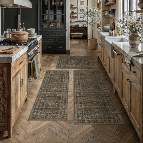 Kitchen Rug Set of 3 Washable Brown Vintage Kitchen Mats for Floor Non Slip Kitchen Runner Rug Soft Low Pile Distressed for Bathroom Laundry Hallway Sink Entryway - color: Dark Brown, size: 20"x32"+20"x48"+30"x50"