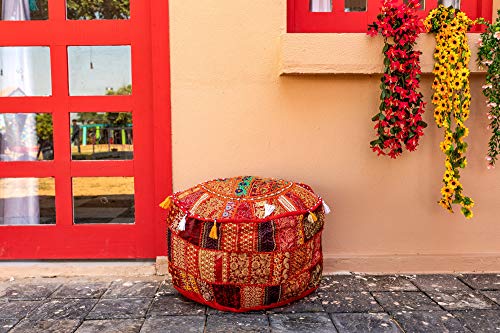 THE ART BOX Cotton Patchwork Vintage Boho Embroidered Bean Bag Seating Pouf Covers Ottoman Kids Stool Decorative Chair Boho Home Décor (14x22 Inches, Cover Only) - color: Red, size: 22"D x 22"W x 14"H
