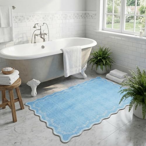 GarveeHome Scalloped Entryway Rug, 2x3 Solid Blue Washable Front Door Rug Indoor Entrance Floral Carpet Non-Slip Low Pile Throw Rugs for Kitchen Floor, Powder Room, Entry, Bathroom, Kids Room - color: Baby Blue, size: 2' x 3' (Rectangular)