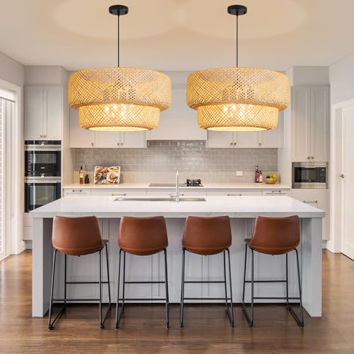 23.65” Farmhouse Bamboo Chandelier 4-Lights Large Hand-Woven Rattan Pendant Light Boho Bamboo Dining Room Lights Fixtures for Bedroom Living Room Restaurant Cafe Kitchen Island - color: Beige-23.65IN