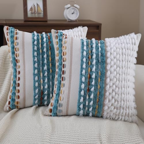 Boho Throw pillow covers 18x18 set of 2 farmhouse decorative Couch pillow covers neutral Accent throw pillows covers striped outdoor cushion covers square textured chenille pillow cases for sofa bed - color: Z New Teal