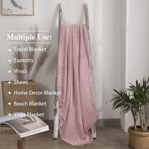 Simple&Opulence 100% Cotton Throw Blanket for Bed, Couch, Boho Luxury Geometric Knit Woven Blanket with Tassels Soft Lightweight Cozy Breathable, Vintage Farmhouse Decoration for All-Season(Pink) - color: Pink