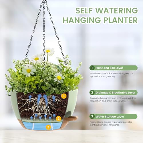 3 Pack 10 Hanging Flower Pots with Chains Self Watering Plastic Planters for Indoor Outdoor Plants, Sturdy Triangular Iron Chain Design for Garden PorchPlastic hanging flower pots (3, Green Brown) - color: Green Brown