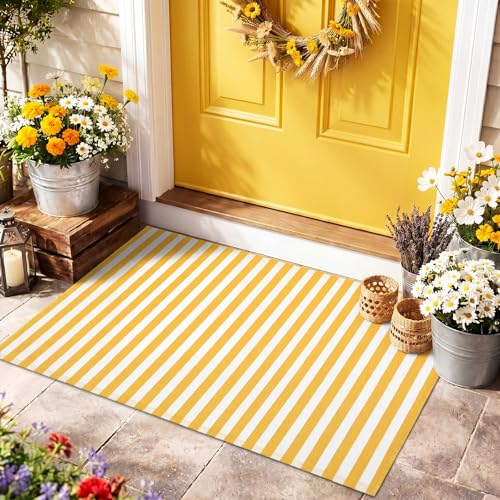 Moucuny Yellow and White Summer Striped Rug 2'4'' x 3'7'' Outdoor Indoor Front Porch Door Mat Polyester Washable Entryway Rug for Kitchen, Bathroom, Living Room, Dorm Farmhouse Decor - color: Yellow and White, size: 2'4'' X 3'7'', style: Vertical Stripe