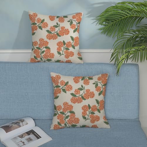 Fall Burnt Orange Pillow Covers 16x16 Inch 2 Pcs Green Hydrangea Flower Decor Throw Pillows Vintage Floral Seasonal Autumn Outdoor Decoration Pillowcase Linen Cushion Cover for Couch Sofa - color: Burnt Orange Hydrangea, size: 16" x 16" (Pack of 2)