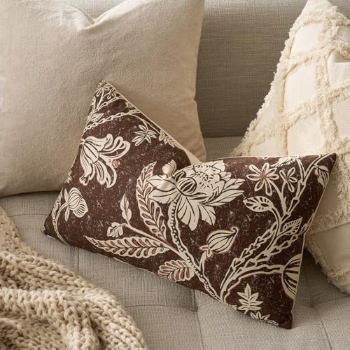 MUSSEL Brown 12x20 Floral Pillow Covers：100% Cotton Vintage Throw Pillows Decorative Covers Boho Patterned Accent Modern Neutral Covers — Couch Sofa Bed Living Room Farmhouse Pillowcases Pack of 2 - color: Bf-brown, size: 20" x 12" (Pack of 2)