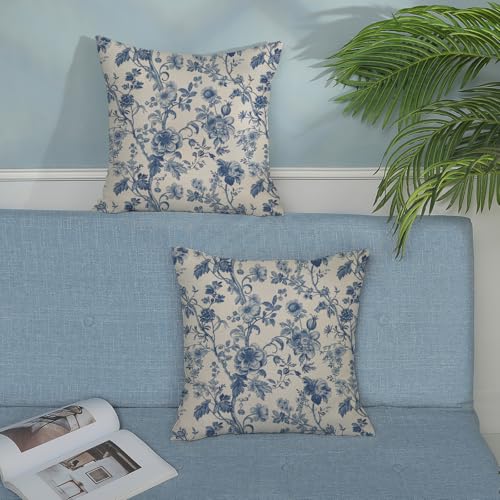 Vintage Blue Throw Pillow Covers 16x16 Inch 2 Pcs Chinoiserie Navy Blue Floral Outdoor Decor Pillow Covers Flower Spring Seasonal Decorative Pillowcase Linen Cushion Cover for Couch Sofa - color: Vintage Blue Flower, size: 16" x 16" (Pack of 2)