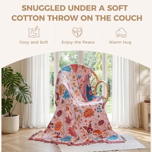 LUTBM Boho Throw Blanket for Couch Sofa Chair Cotton Summer Blankets for Bedroom Living Room All Season Soft Lightweight Reversible Floral Butterfly Embroidery Decorative Throws 50"x60" Home Decor - color: Butterfly-beige, size: 50"×60"