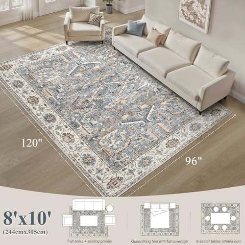 8x10 Area Rugs for Living Room - Washable Soft Large Vintage Rug Non-Slip Stain Resistant Traditional Stain Resistant Indoor Floor Low Pile Carpet for Bedroom Dining Room or Home Office - Blue Multi - color: Blue, size: 8' x 10' (Rectangular)
