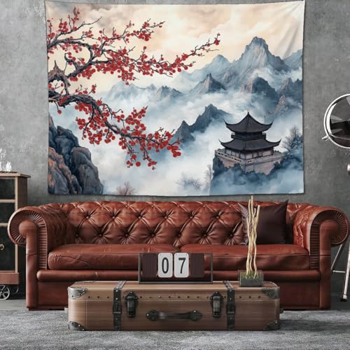 keowhsf Japanese Tapestry Aesthetic Wall Decor – Watercolor Ink Landscape with Red Plum Blossoms and Misty Mountains, Asian Art Hanging for Bedroom, Living Room, Dorm - color: Ink, size: 80"L x 60"W