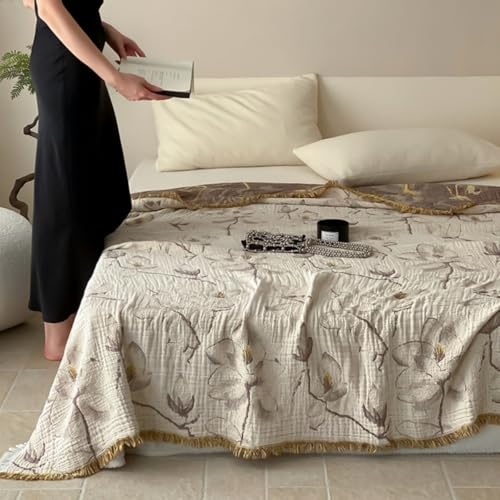 Lemfux 4-Layer 100% Cotton Muslin Cooling Blanket, Boho Floral Gauze Throw with Fringe, Ultra Soft Breathable Lightweight Bedspread Coverlet for Bed Sofa Couch - color: Magnolia Floral, size: 80"x90"