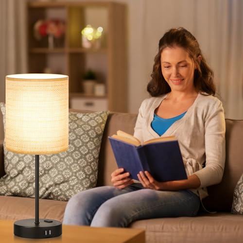 Lynnoland Set of 2 Touch Control Table Lamps, 3-Way Dimmable Bedside Nightstand Lamps for Bedroom Living Room Nursery, 800 Lumens 3000K Warmlight Bulbs Included - color: （2 Pack) Rattan & Black(Base)-3000K Bulbs Included