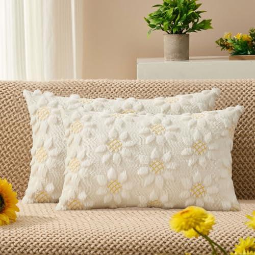 DFXSZ Spring Summer Pillow Covers 12x20 inch Set of 2 Farmhouse Decor Yellow Color Flower Heart Sunflower Soft Plush Faux Fur Jacquard Throw Pillows for Sofa Holiday Spring Home Decor PTK024C12 - color: Cream White, size: 20" x 12" (Pack of 2)