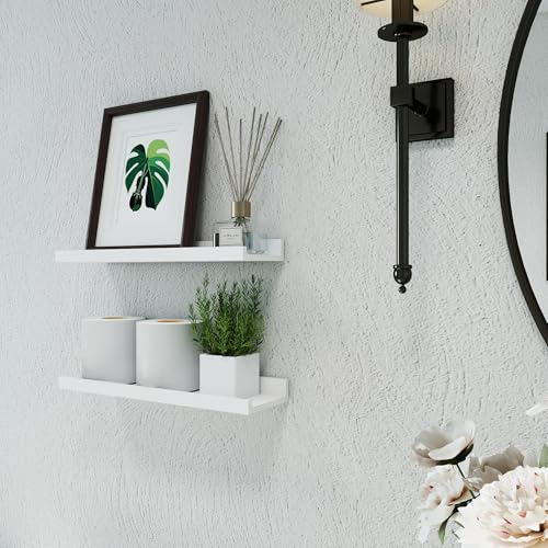 White Floating Shelves for Wall Decor, Wall Mounted Wood Storage Shelf for Bedroom, Living Room, Bathroom, Kitchen, Nursery, Display Picture Ledge Shelf with Lip Set of 2-16 Inches, White - color: White, size: 15.8in