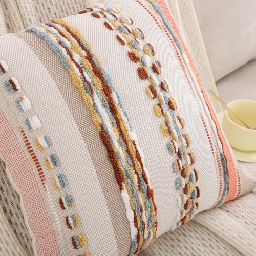Boho Tufted Throw Pillow Covers 18x18 Set of 2 Stripe Decorative Pillow Cases Accent Chenille Pillowcases Farmhouse Cushion Case Nuetral Textured Pillow Cover Fall Autumn Home Decor,Orange - color: Orange Stripe, size: 18" x 18" (Pack of 2)