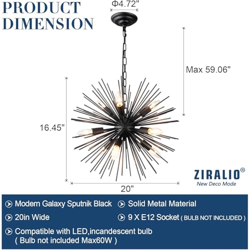 20" Black Sputnik Chandelier Vintage 9-Light Modern Starburst Chandelier Light Fixture Solid Metal Black Satellite Sputnik Chandeliers for Dining Room, Kitchen, Bedroom, Living Room, Foyer - color: Black 20" 9-Light