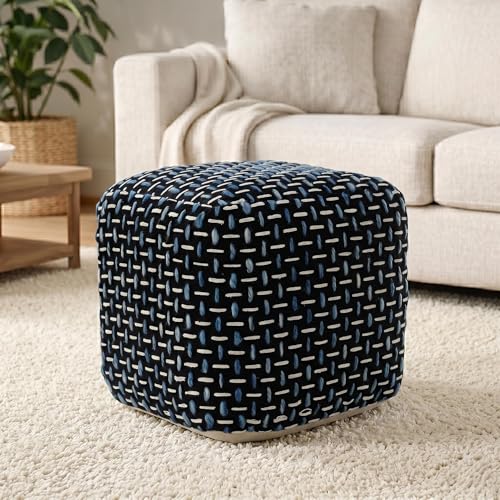 LR Home Hand-Woven Black/White/Blue Geometric Cotton Square Ottoman Pouf for Home Decor | Indoor Foot Rest for Bedroom & Living Room | 16 x 16 x 16 Stuffed Ottoman for Seating - color: Black/Blue/White, size: 16"D x 16"W x 16"H