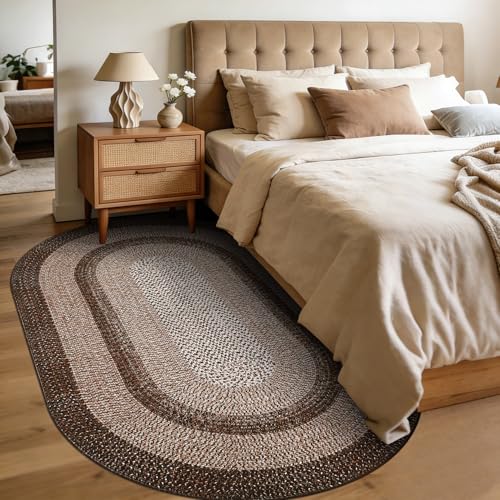 5x8 Oval Living Room Area Rug Washable Modern Border Bedroom Bedside Area Rugs Non Slip Low Pile Dining Room Oval Throw Carpet Contemporary Rugs for Living Room Kitchen Nursery, Brown - color: Brown, size: 5' x 8' (Oval)