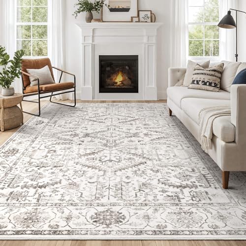 10x14 Area Rug for Living Room - Washable Soft Traditional Tribal Rug for Bedroom Dining Room Home Office, Non-Slip Stain Resistant Vintage Distressed Indoor Floor Carpet- White - color: White, size: 10' x 14' (Rectangular)