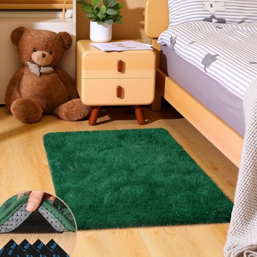 2x3 Dark Green Rugs for Bedroom Living Room, Fluffy Small Area Rug Soft Shag Carpet for Kids Boys and Girls Room with 4 Rugs Non-Slip Stickers Dorm Home Decor (2ft x 3ft) - color: Dark Green, size: 2' x 3' (Rectangular)