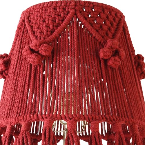 Wine Red Boho Woven Lamp Shade Bell Tassels Lampshade 7.5``Top x 12``Bottom x 11``High(Spider) Medium Handmade Lamp Shades for Table & Bedside Lamp - Easy Assemble - color: Red, size: Medium (7.5" Top x 12" Bottom x 11" High)