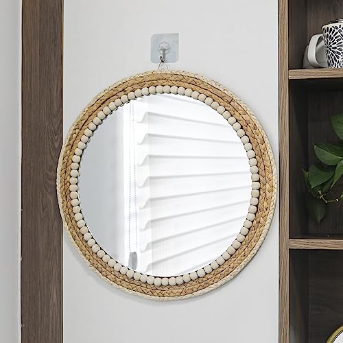 18 Inch Boho Round Hanging Wall Mirror Decorative Rattan Circle Mirrors for Farmhouse, Living Room, Bedroom - color: 18 Inch Wood