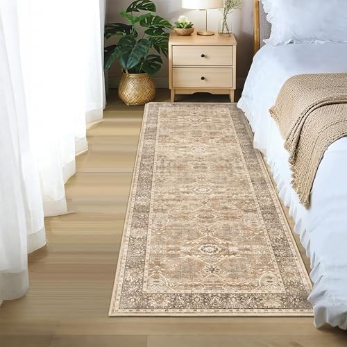 2x6 Runner Rug Beige Vintage Washable Runner Rugs for Hallway Kitchen Boho Hallway Rug Low Pile Non-Slip Retro Distressed Carpet for Entryway Bathroom Bedroom Beige - color: Beige, size: 2'*6'(Runner)