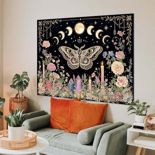Haibimen Butterfly Tapestry Wall Hanging Moon Phases Floral Candle Crystal Black and Pink Tapestries for Bedroom Aesthetic Wallpaper Decor for Living Room, Dorm (Black 3, 60''×44'') - color: Black 3, size: 60''×44''