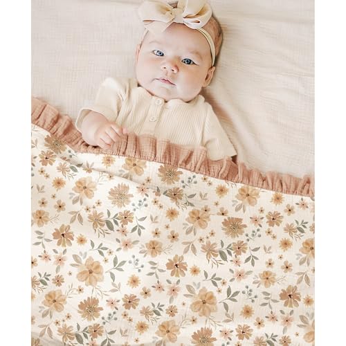 Konssy Flounce Muslin Baby Blanket for Girls Boys, 100% Cotton Soft Crib Swaddle Blankets, Reversible & Breathable Nursery Bedding for Newborns Toddlers, 43x39 Inches (Flourish) - color: Flourish, size: 43"x39"