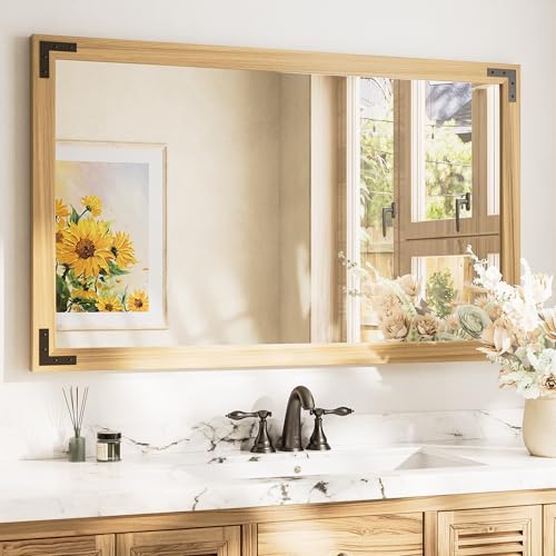 TETOTE 48 x 30 Natural Wooden Mirror for Bathroom Wall/Bedroom/Living Room/Entryway Farmhouse Rustic Wall Mirror for Wall Waterproof (Horizontal/Vertical Mounted) - color: Wood, size: 30"L x 48"W
