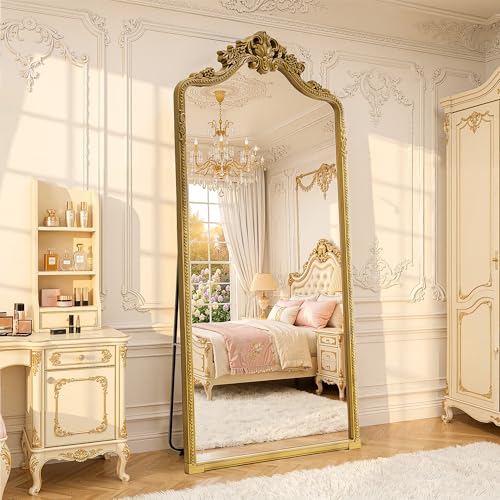 71"x32"Arched Full Length Floor Mirror, Gold Traditional Ornate Antique Carved Garland Frame Body Hanging Leaning,Full Body Mirrors for Home Decor Shatter-proof Nano Glass Wall Living Room Cloakroom - color: Elegant Gold